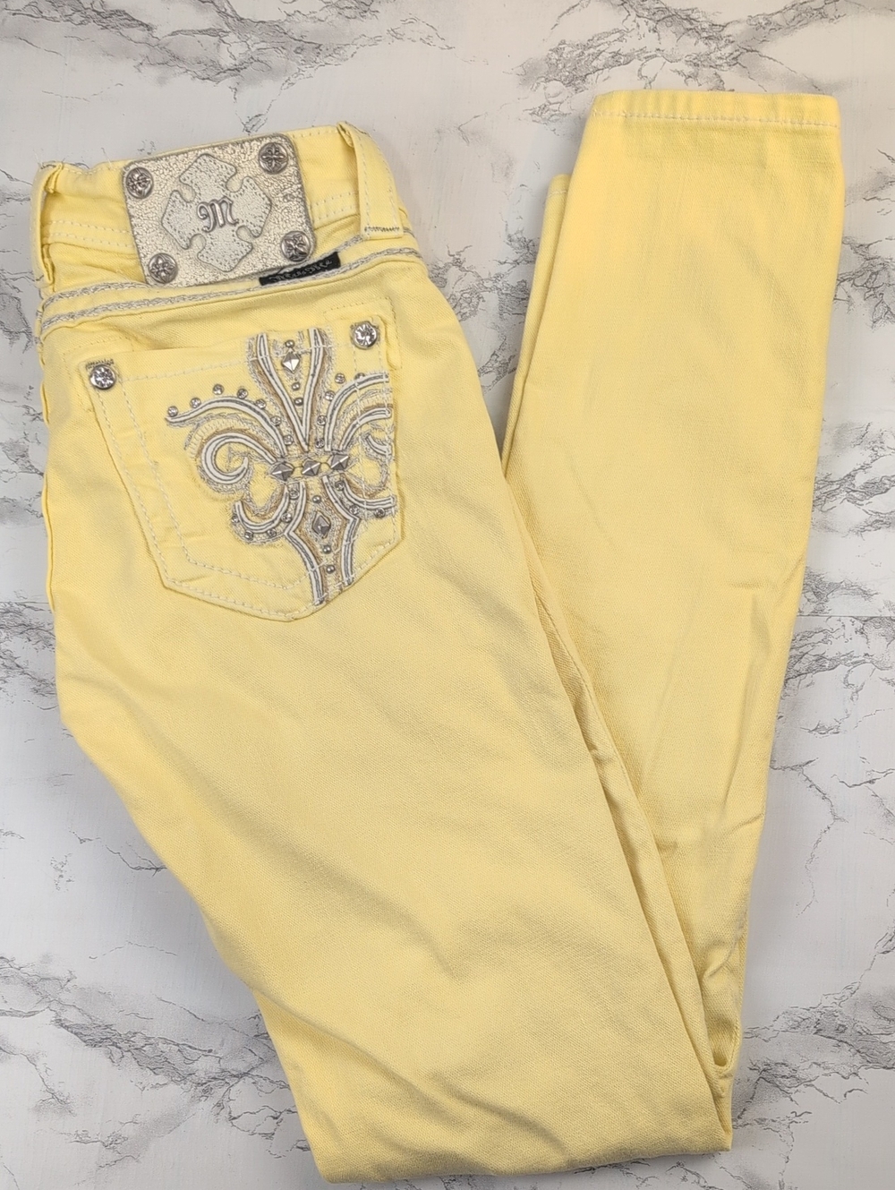 Miss Me Pastel Yellow Embellished Skinny Jeans Size 26